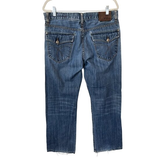 !1T Jeans Size 34 Long Distressed Straight Leg Denim Frayed Hem Blue Cotton Y2K - Picture 2 of 10